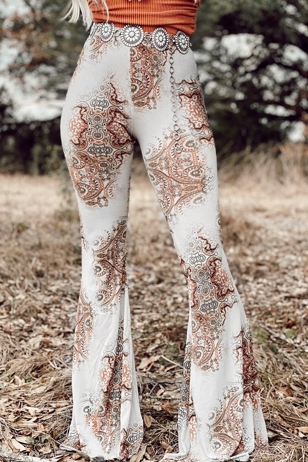The802Gypsy  Bottoms White / S / 95%Polyester+5%Elastane TRAVELING GYPSY-Vintage Print High Waist Bell Pants