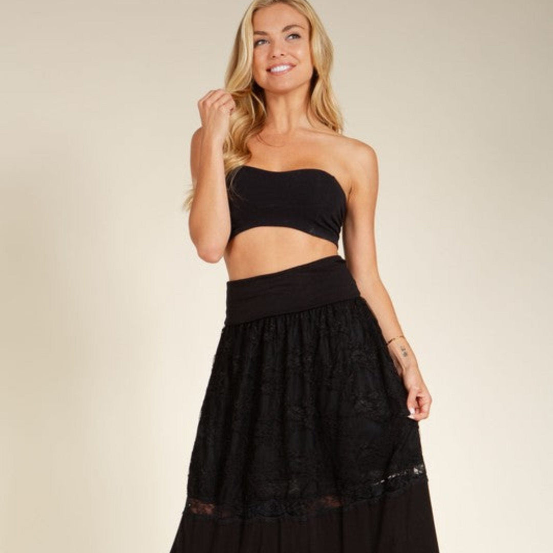 The802Gypsy clothes/outfit sets BLACK / S ❤️GYPSY FOX-Orange Farm -Lace Combo Tier Ruffle Maxi Skirt