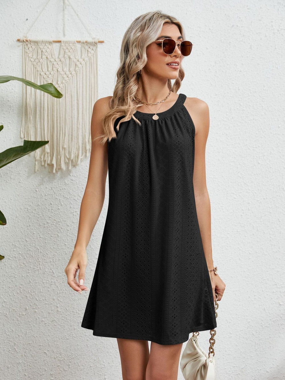 The802Gypsy clothing/dresses Black / S GYPSY-Eyelet Grecian Neck Mini Dress