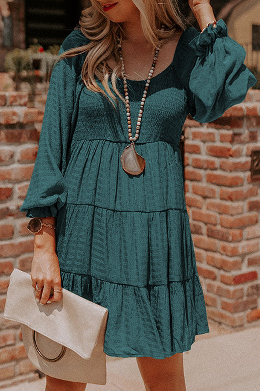 The802Gypsy  clothing/dresses Mist Green / S / 50%Polyester+50%Viscose TRAVELING GYPSY-Bishop Sleeve Tiered Mini Dress