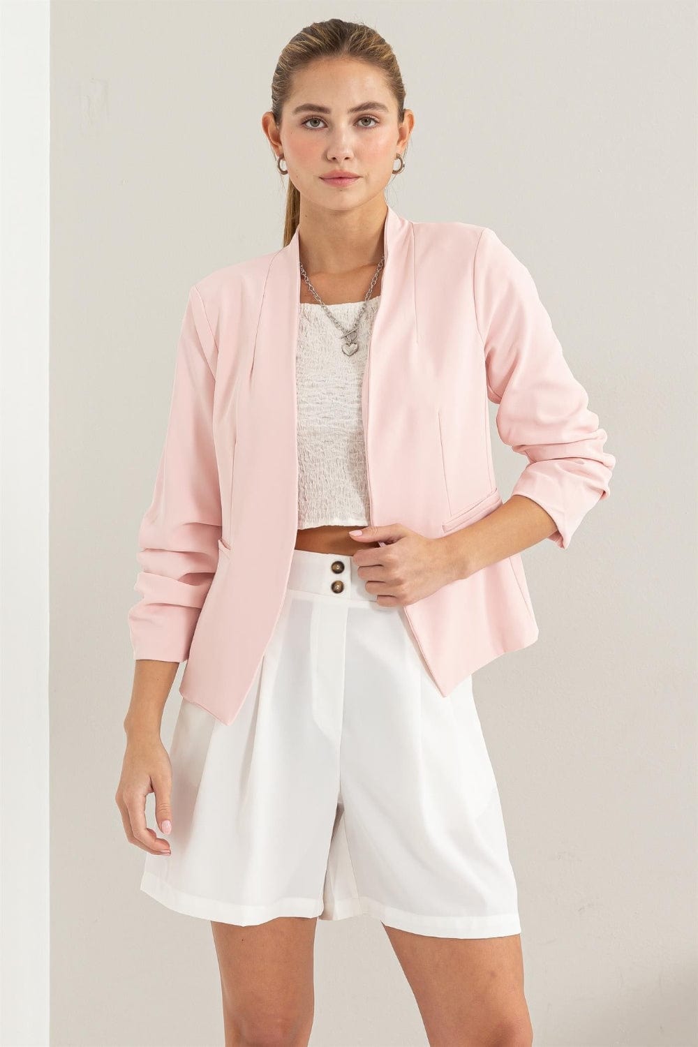 The802Gypsy coats and jackets Blush / S ❤️GYPSY-HYFVE-Open Front Ruched Sleeve Blazer