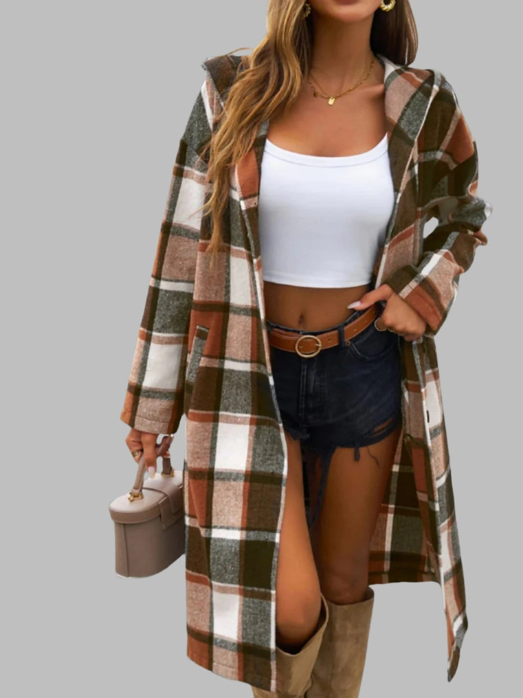 The802Gypsy coats and jackets Brown / S GYPSY-Plaid Hooded Coat