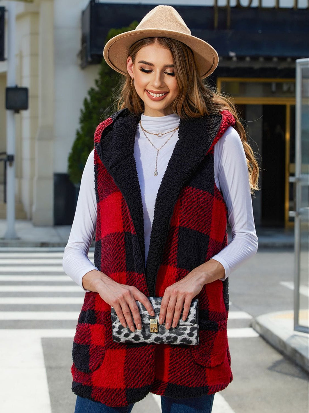 The802Gypsy coats and jackets Deep Red / S GYPSY-Plaid Hooded Vest