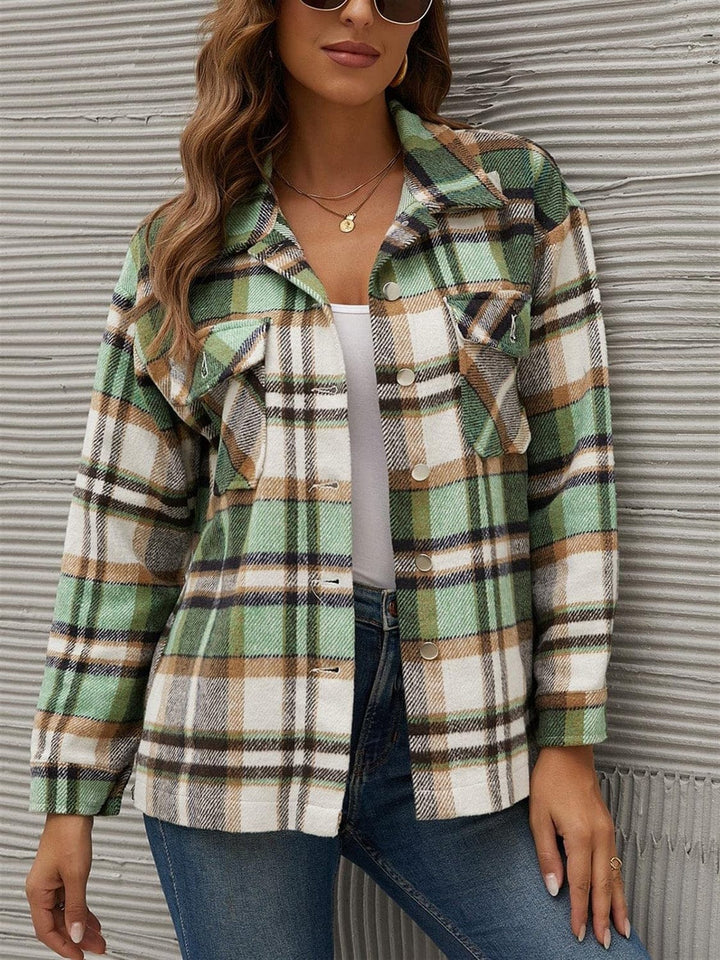 The802Gypsy coats and jackets Green / S GYPSY-Plaid Collared Neck Long Sleeve Jacket