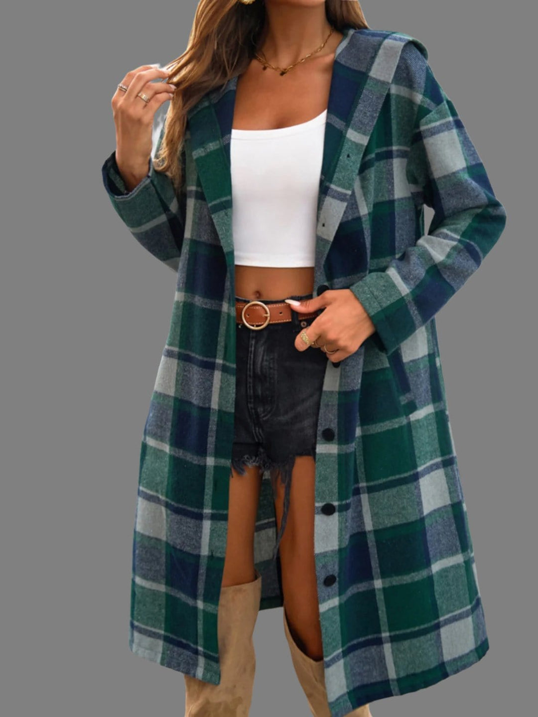 The802Gypsy coats and jackets Green / S GYPSY-Plaid Hooded Coat