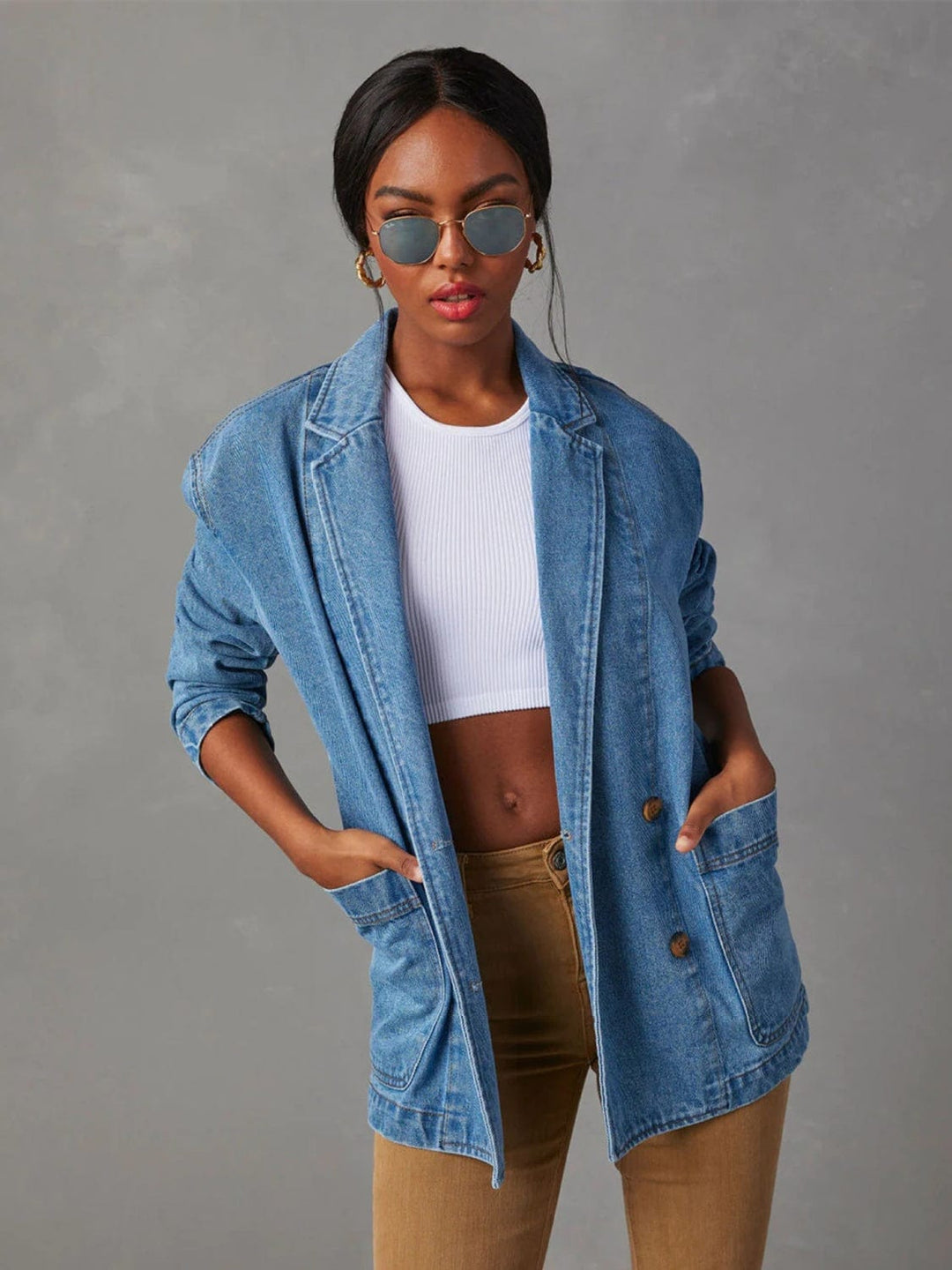 The802Gypsy coats and jackets GYPSY-Collared Neck Long Sleeve Denim Jacket