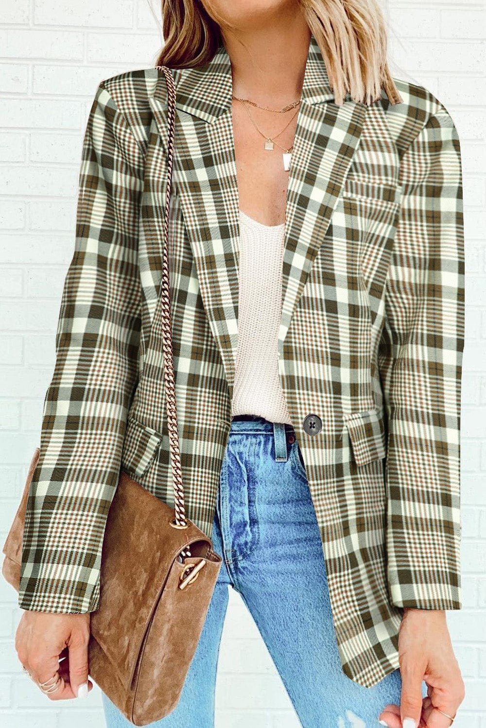 The802Gypsy  coats and jackets Khaki-2 / S / 100%polyester TRAVELING GYPSY-Plaid Print Lapel Collar Buttoned Blazer