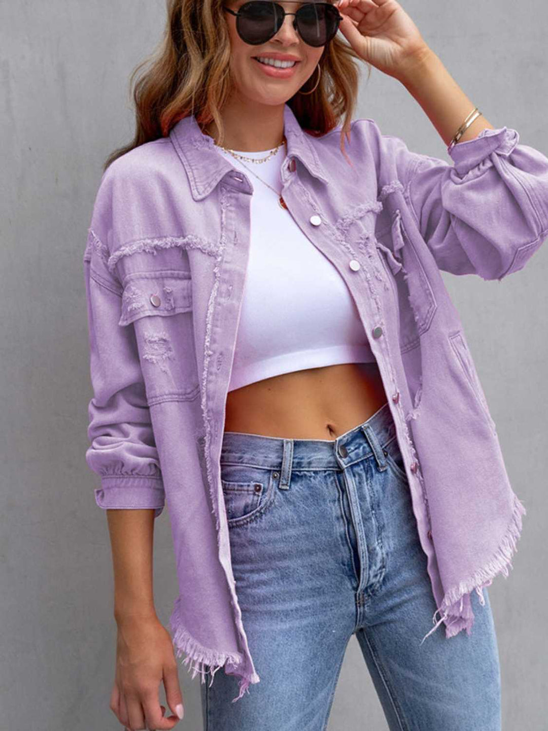 The802Gypsy coats and jackets Lavender / S GYPSY-Distressed Shacket Denim Jacket