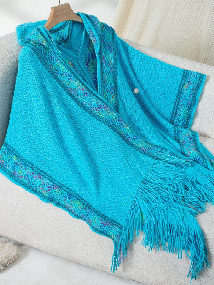 The802Gypsy coats and jackets/PONCHO Sky Blue / One Size GYPSY-Fringe  Hooded Poncho