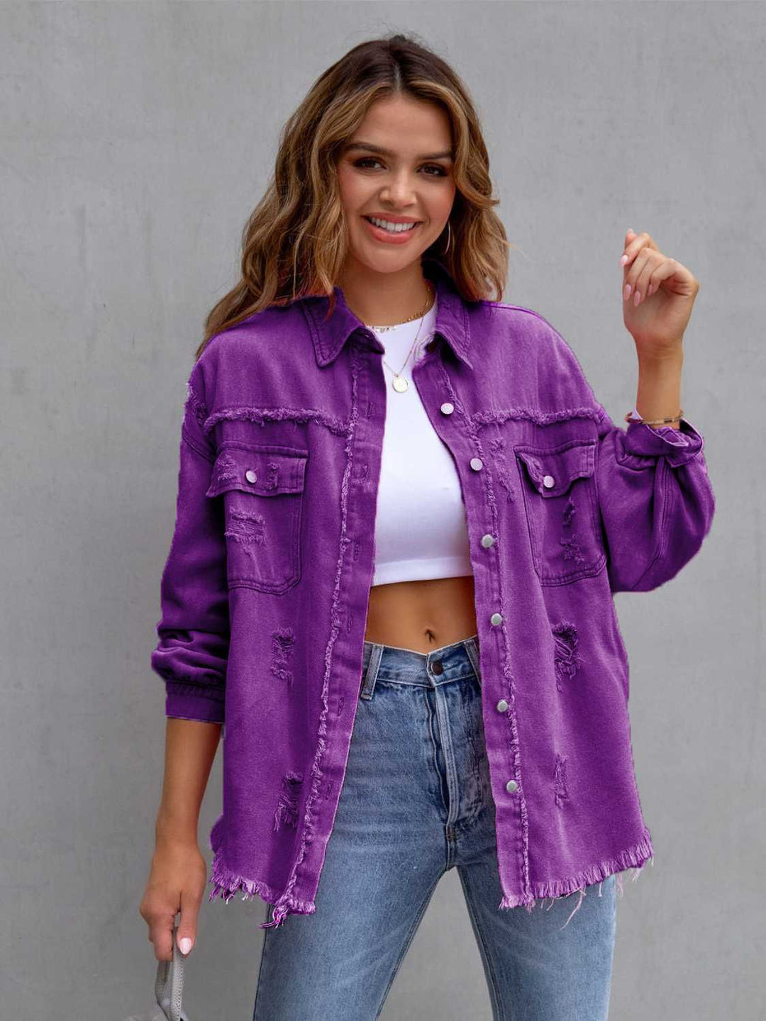 The802Gypsy coats and jackets Purple / S GYPSY-Distressed Shacket Denim Jacket