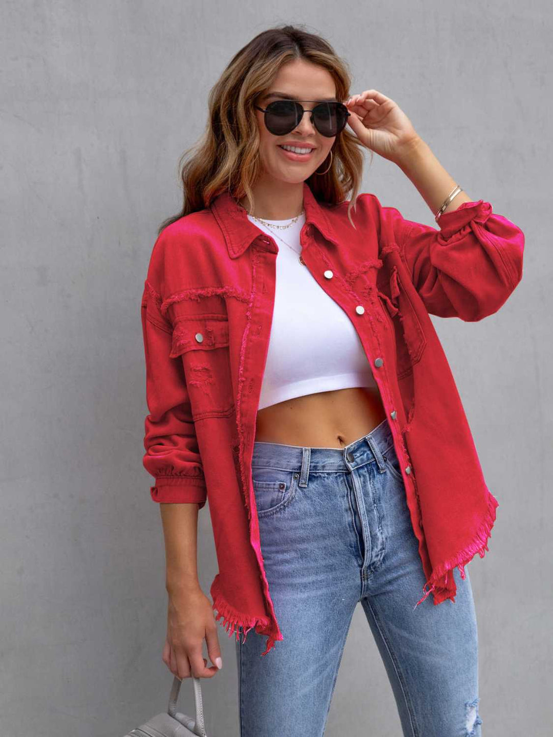 The802Gypsy coats and jackets Red / S GYPSY-Distressed Shacket Denim Jacket