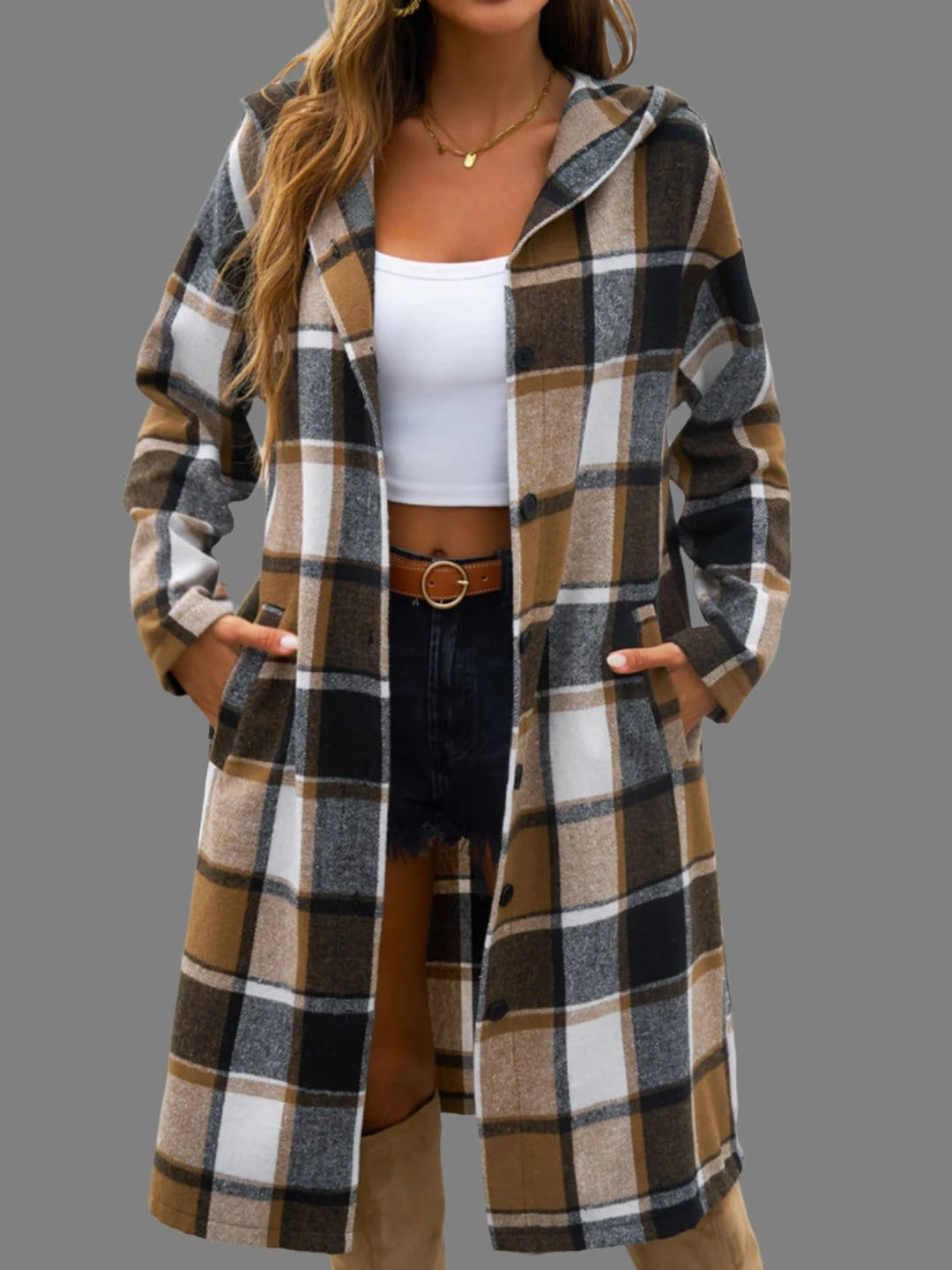 The802Gypsy coats and jackets Tan / S GYPSY-Plaid Hooded Coat