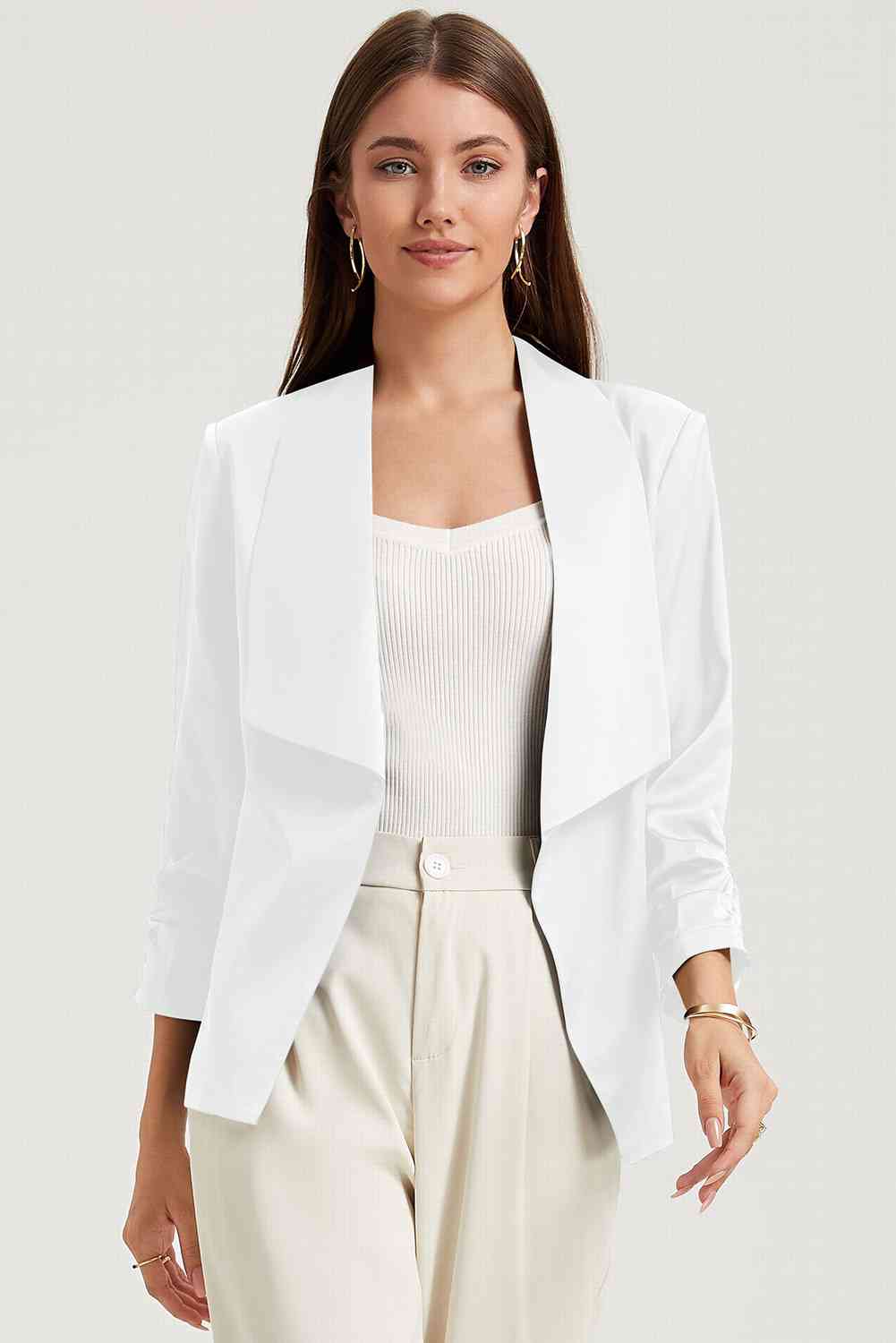 The802Gypsy coats and jackets White / S TRAVELING GYPSY-Ruched Open Front Blazer