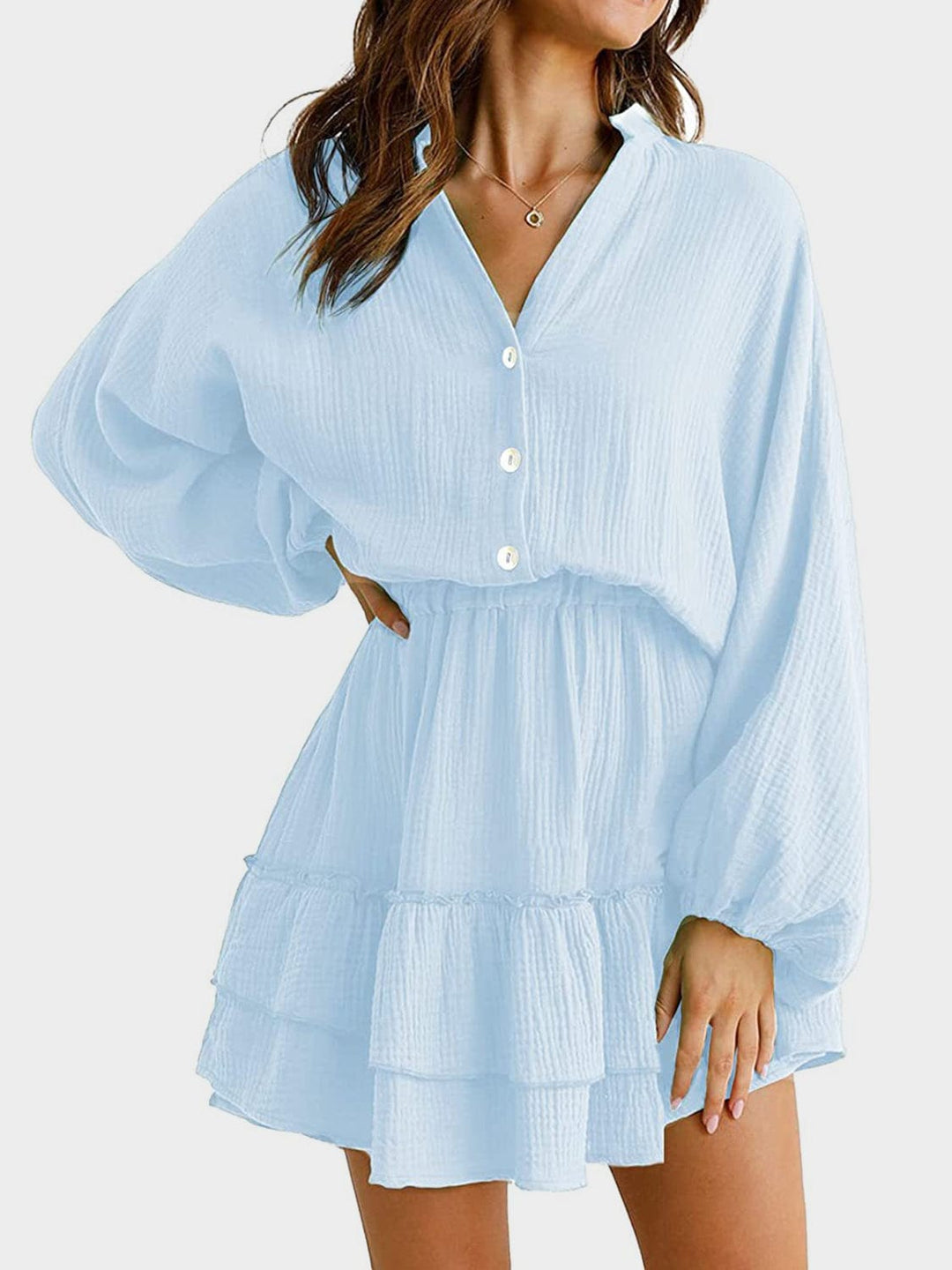 The802Gypsy DRESS/MINI DRESS Light Blue / S GYPSY-Ruffled Balloon Sleeve Mini Dress