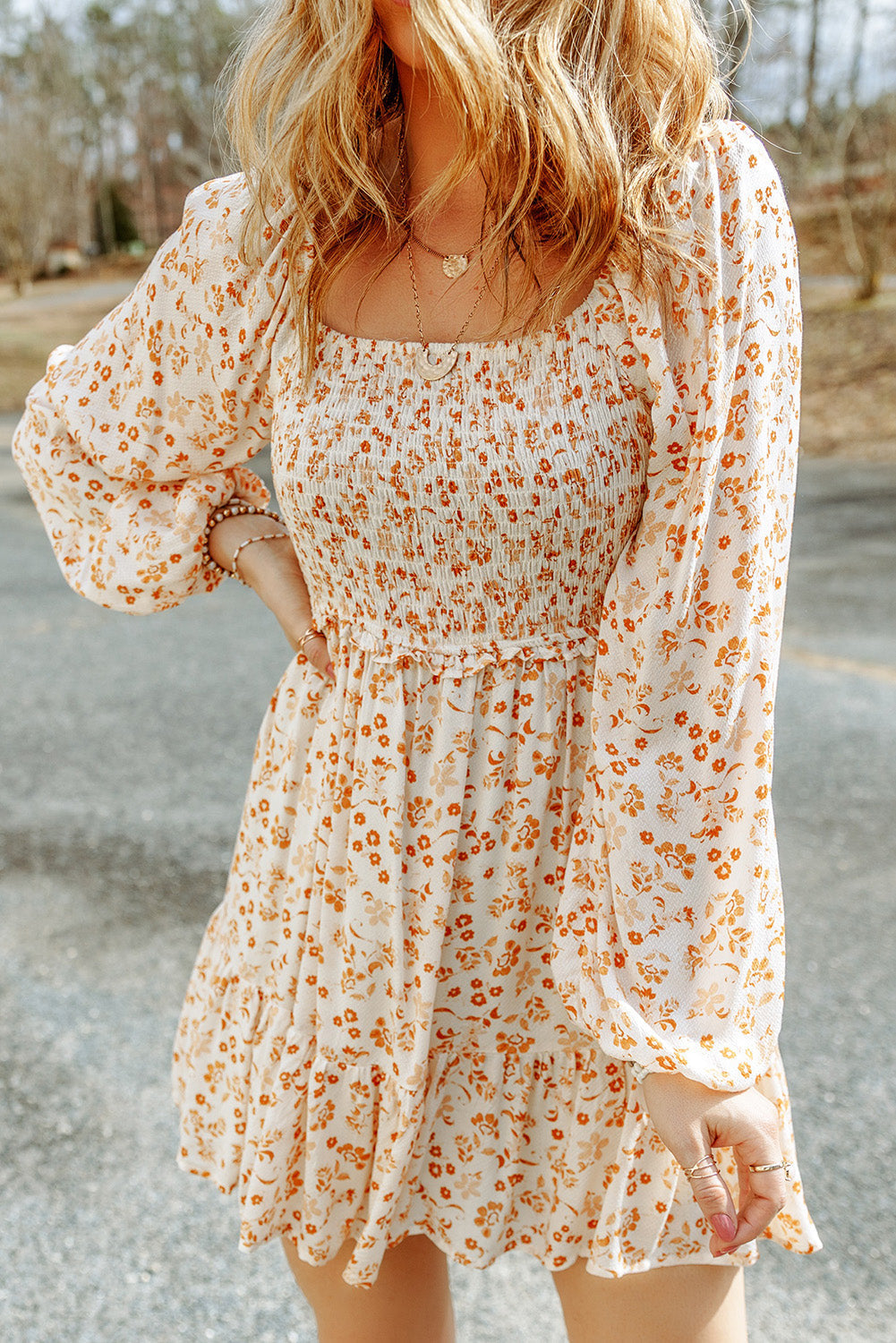 The802Gypsy  Dresses Apricot / S / 95%Polyester+5%Elastane TRAVELING GYPSY-Floral Puff Sleeve Mini Dress