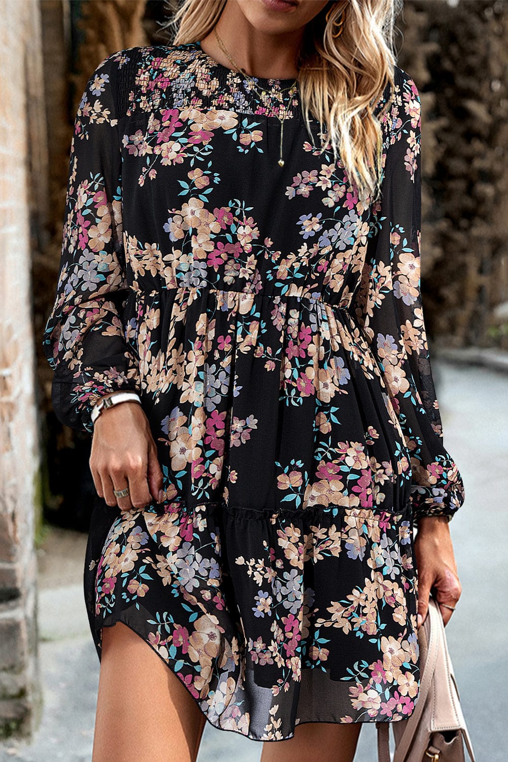 The802Gypsy  Dresses Black / S / 100%Polyester TRAVELING GYPSY-Floral Long Sleeve Ruffle Tiered Dress