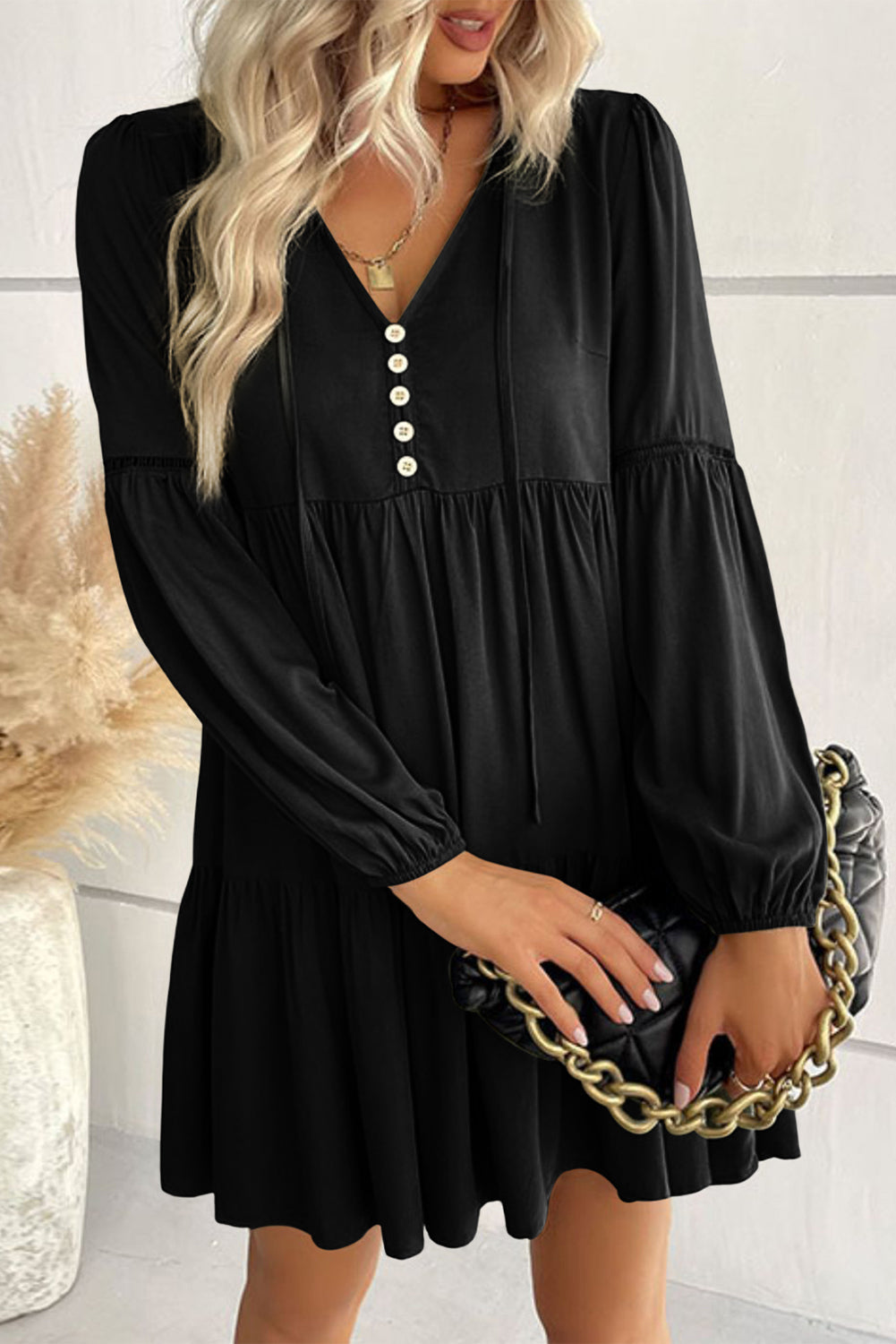 The802Gypsy  Dresses Black / S / 100%Viscose TRAVELING GYPSY-Puff Sleeve Mini Dress