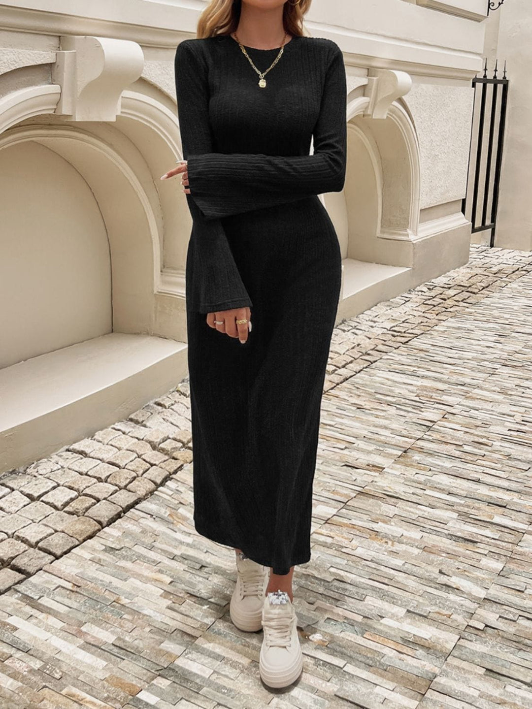 the802gypsy Dresses Black / S GYPSY-Devine Tied Round Neck Long Sleeve Midi Dress