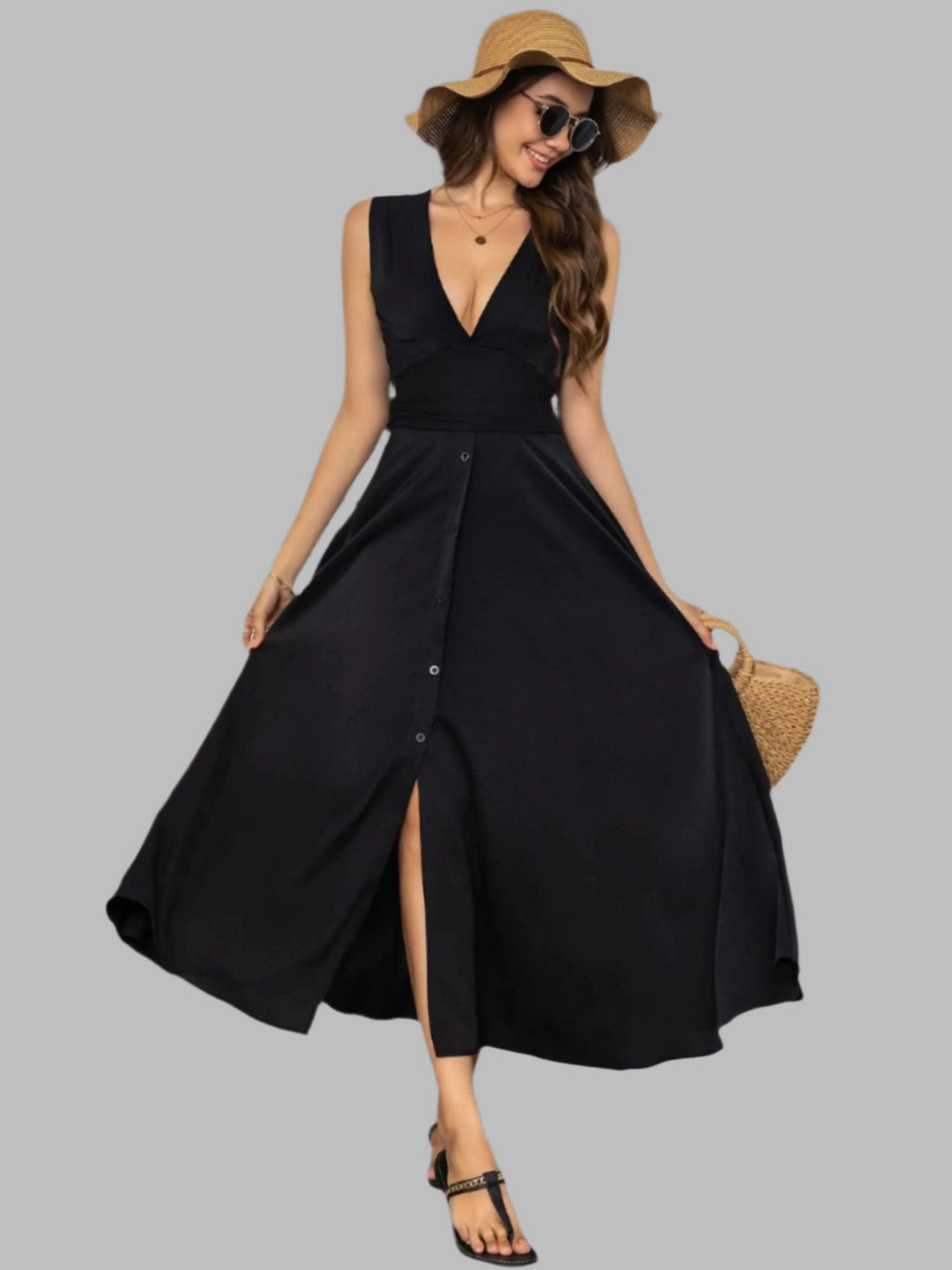 The802Gypsy dresses Black / S GYPSY-V-Neck Sleeveless Midi Dress