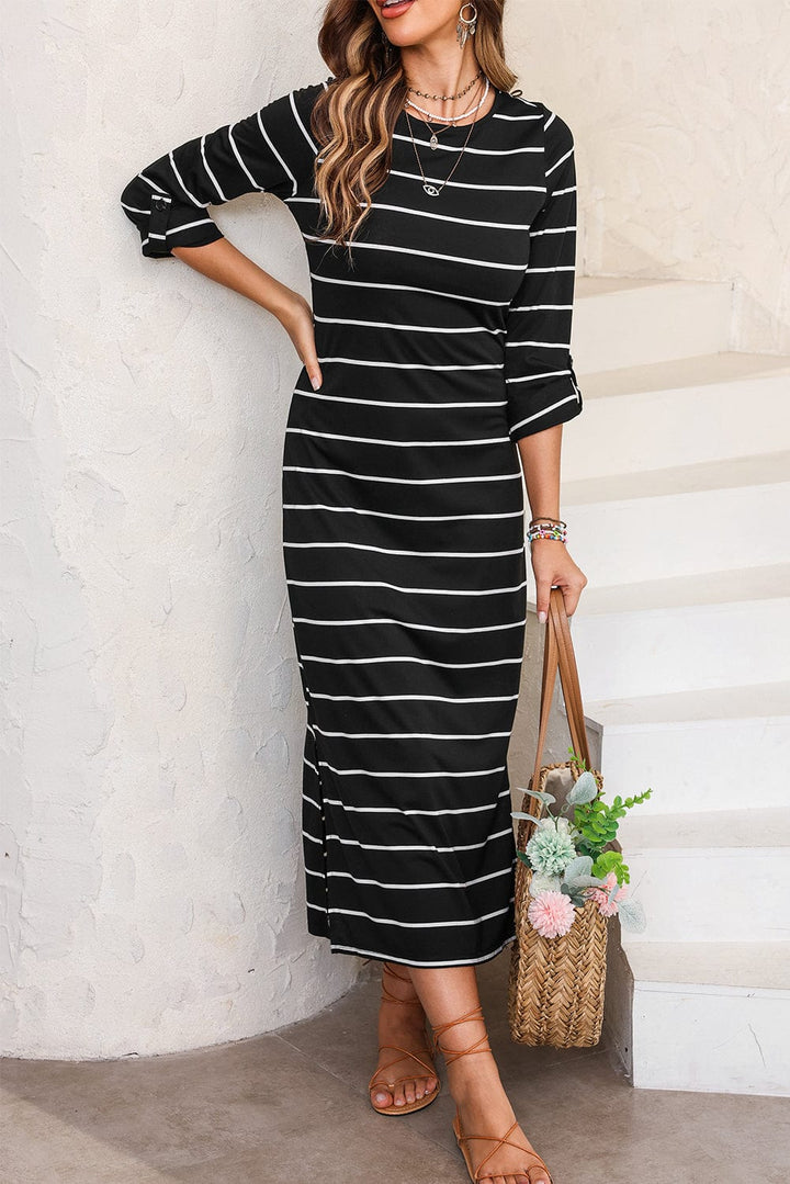 The802Gypsy  Dresses Black1 / S / 95%Polyester+5%Elastane Khaki Stripe Print Open Back Sleeveless Maxi Dress with Slits