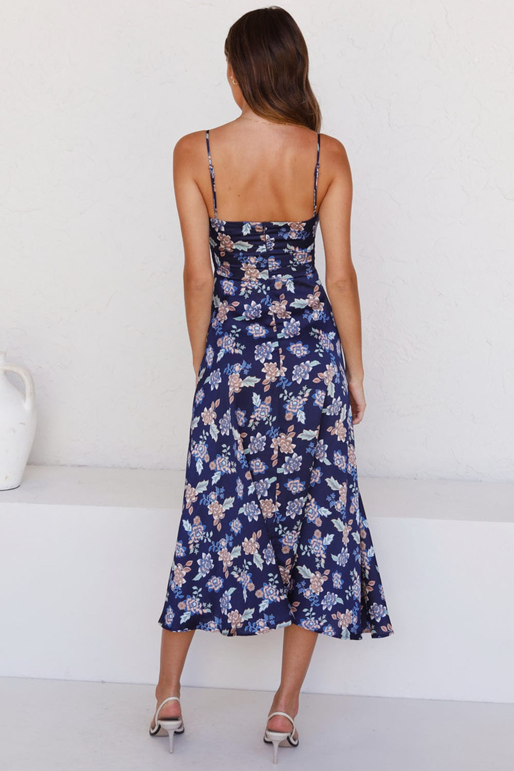 The802Gypsy  Dresses Blue Floral Print Bust Knot Long Dress with Slit
