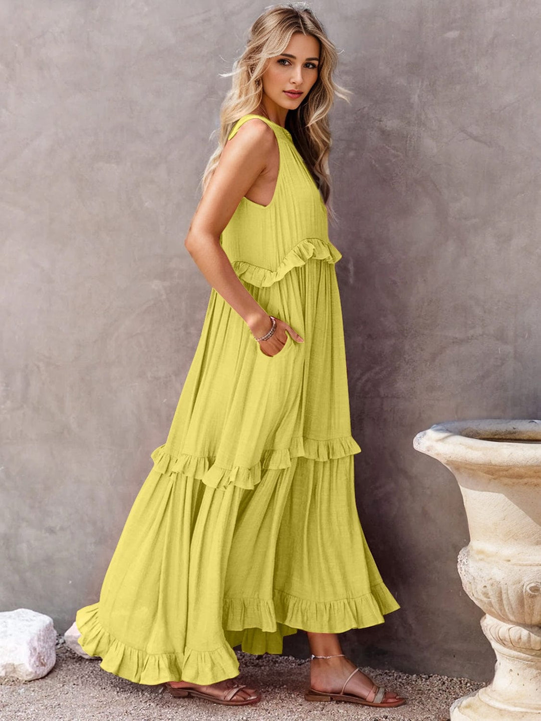The802Gypsy Dresses Chartreuse / S GYPSY-Ruffled Sleeveless Tiered Maxi Dress with Pockets