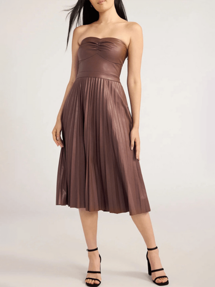 The802Gypsy dresses Coffee Brown / S GYPSY GIRL-Tube Top Pleated Faux Leather Dress