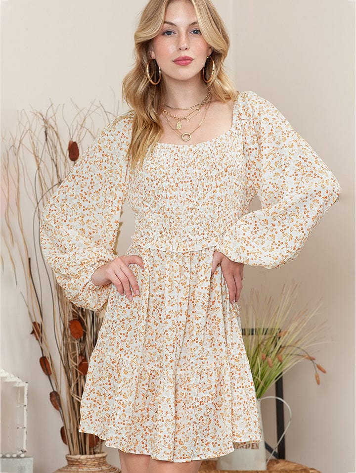 The802Gypsy Dresses Cream / S GYPSY-Printed Square Neck Long Sleeve Dress