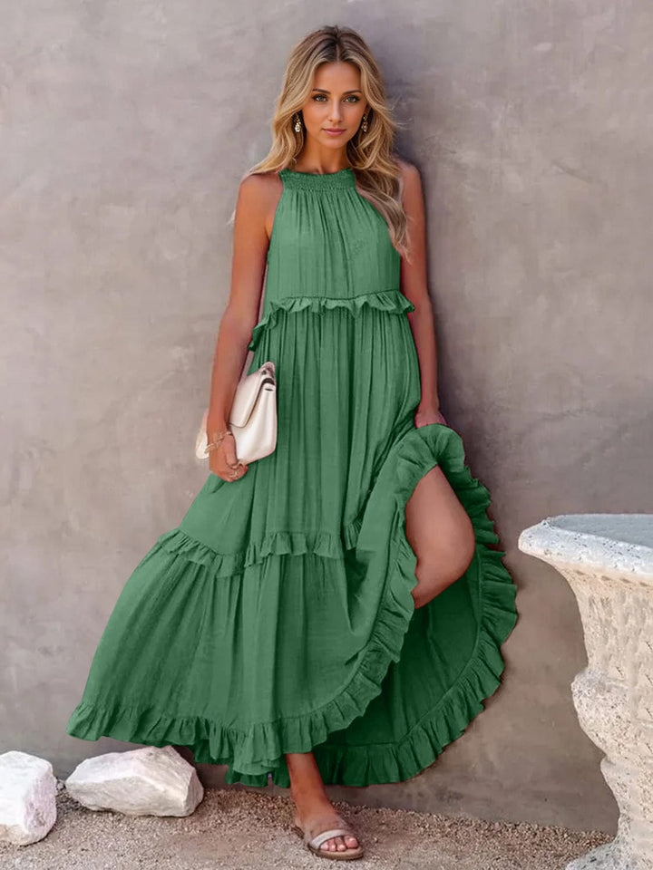 The802Gypsy Dresses Dark Green / S GYPSY-Ruffled Sleeveless Tiered Maxi Dress with Pockets