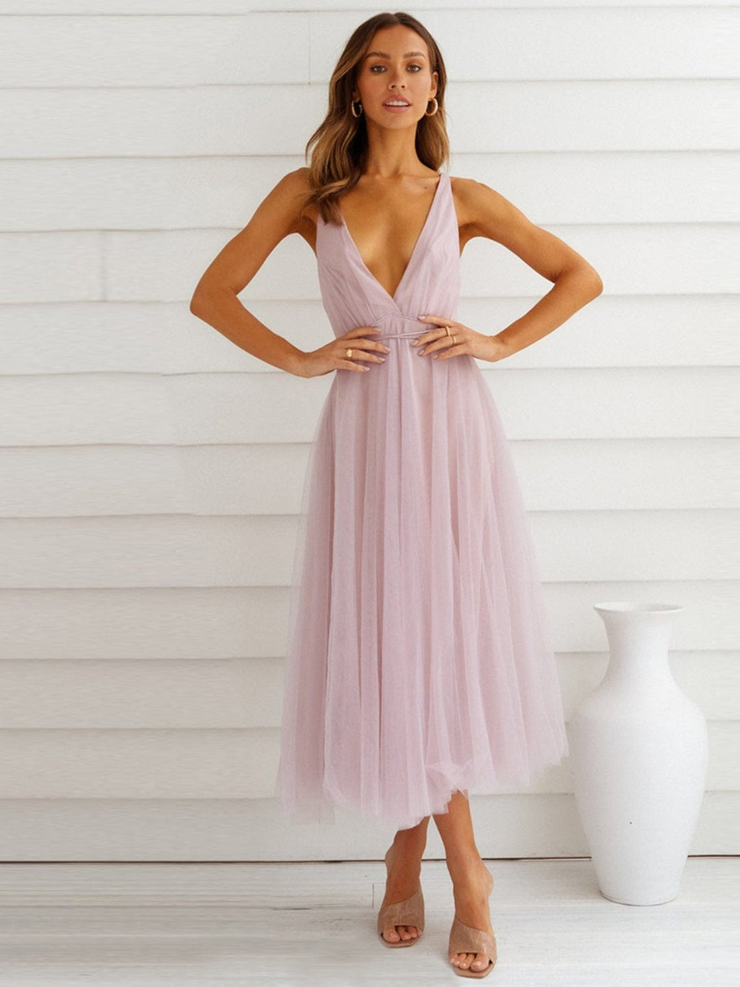 The802Gypsy Dresses/Evening Dresses Blush Pink / S GYPSY-Backless Crisscross Sleeveless Midi Dress