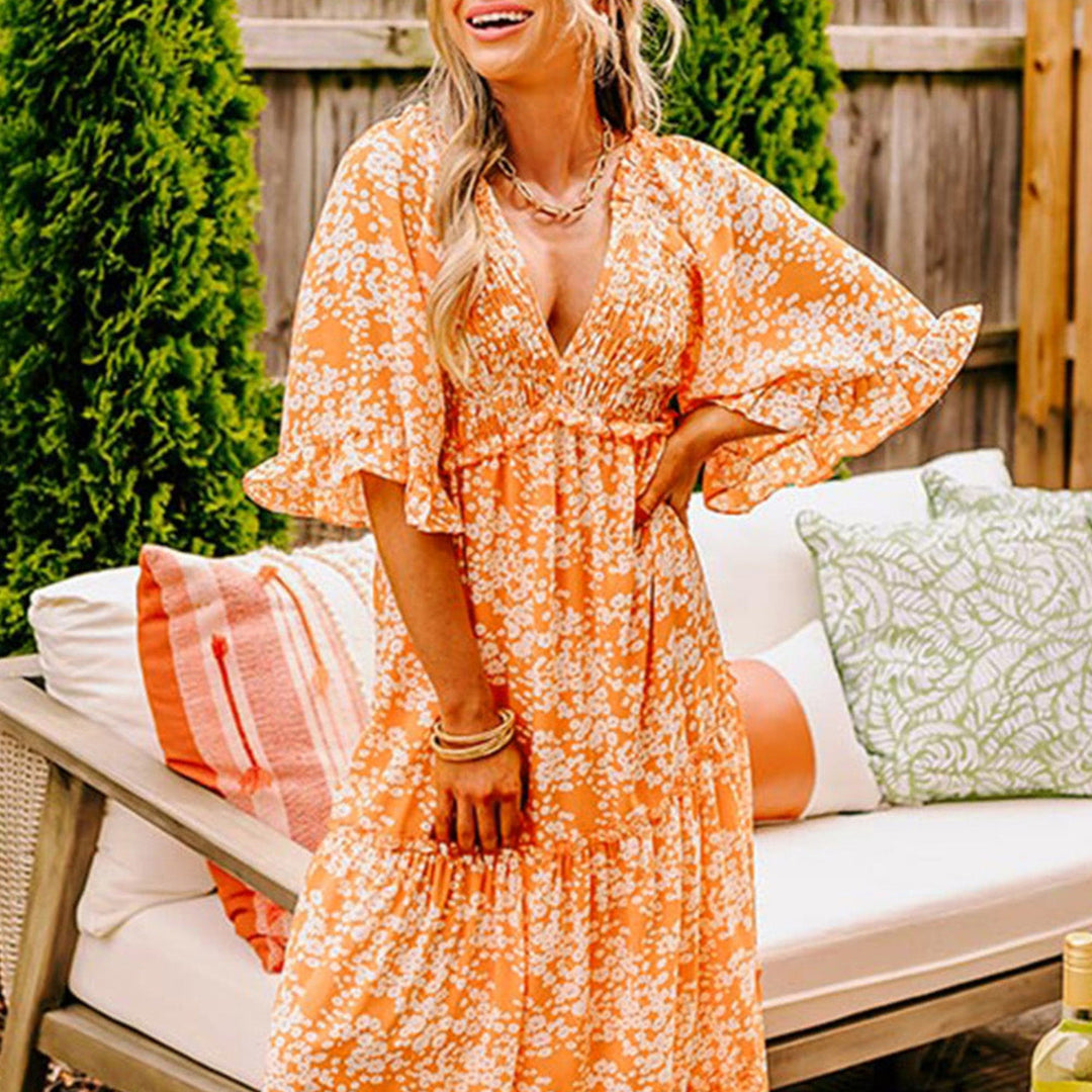 The802Gypsy  Dresses/Floral Dresses Orange / S TRAVELING GYPSY-Floral Print Wide Sleeve Maxi Dress