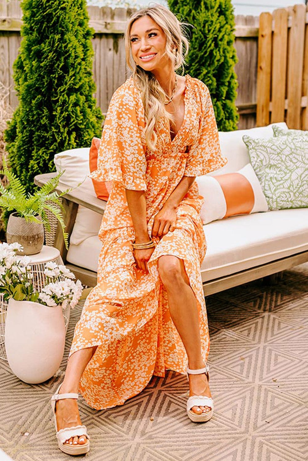 The802Gypsy  Dresses/Floral Dresses TRAVELING GYPSY-Floral Print Wide Sleeve Maxi Dress