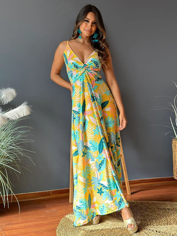 The802Gypsy Dresses Gold / S GYPSY-Twisted Printed V-Neck Cami Dress
