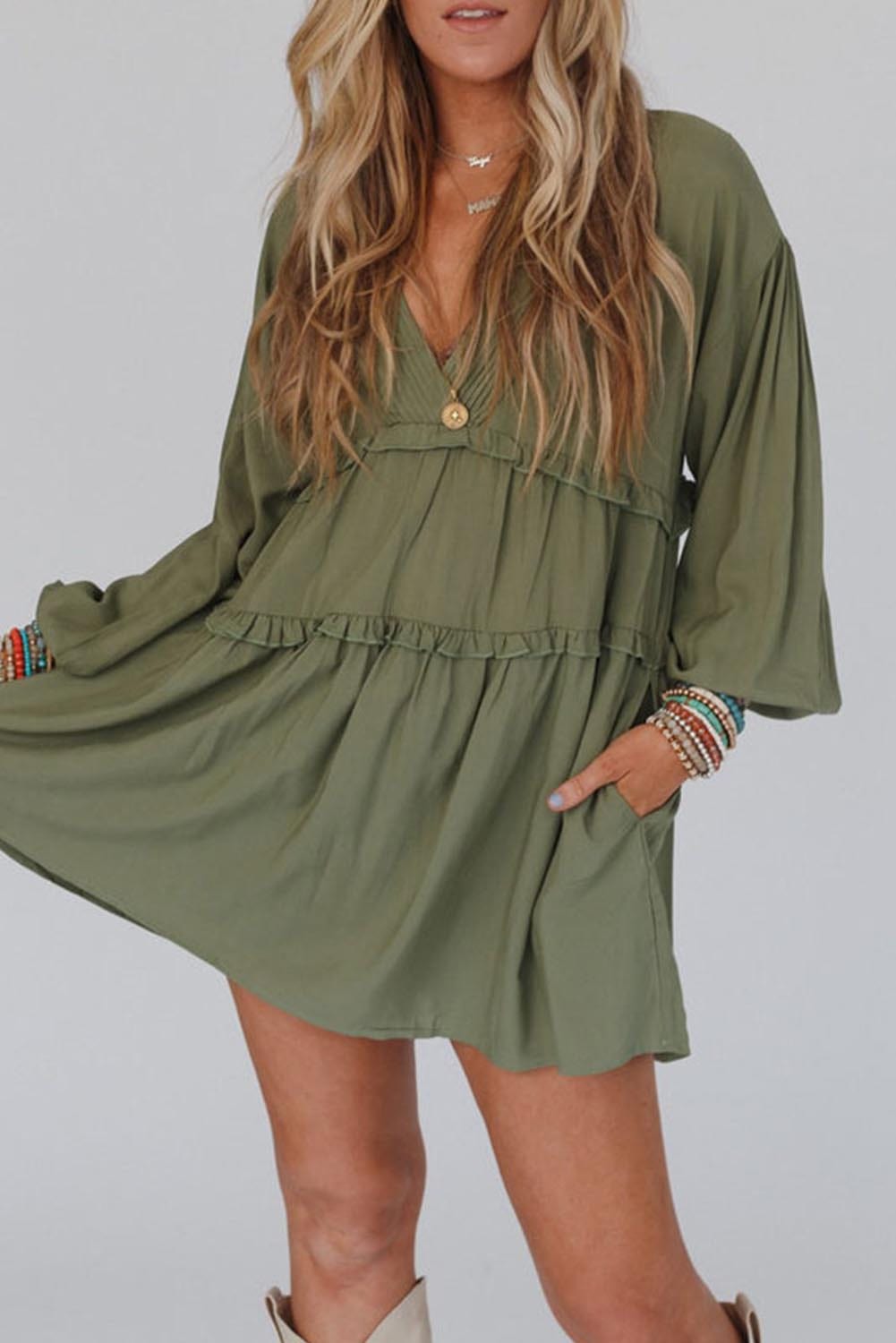 The802Gypsy  Dresses Green / L / 70%Viscose+30%Polyester Green V Neck Puff Sleeve Frill Tiered Mini Dress