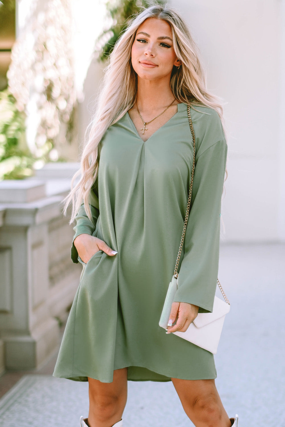 The802Gypsy  Dresses Green / S / 100%Polyester Traveling Gypsy Amberly Roll-tab Sleeve Flowy Casual Dress