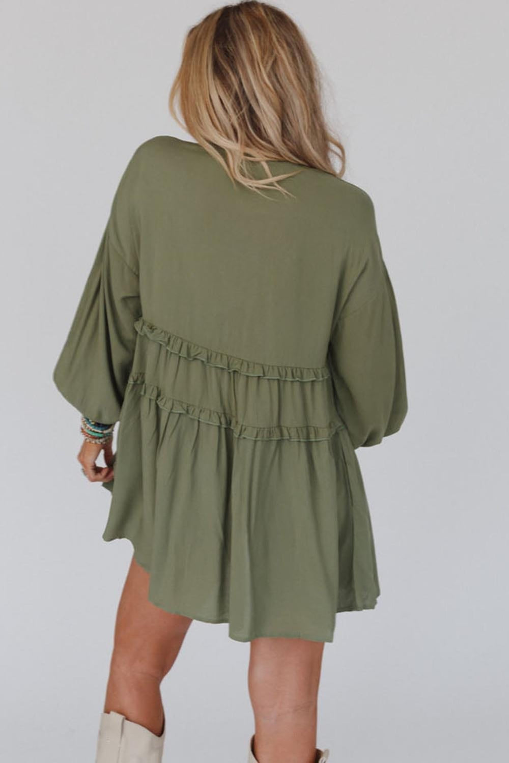 The802Gypsy  Dresses Green V Neck Puff Sleeve Frill Tiered Mini Dress