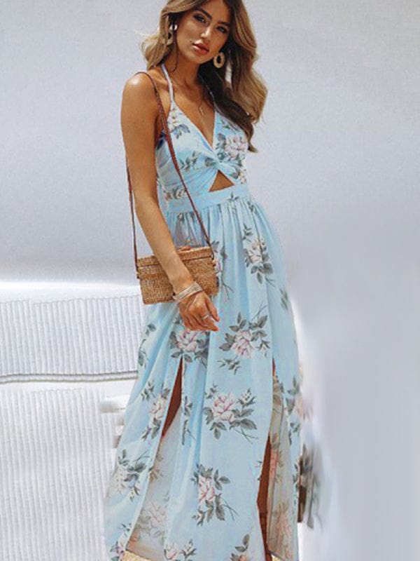 The802Gypsy Dresses GYPSY GIRL-Halter V-neck Chiffon Beach Dress