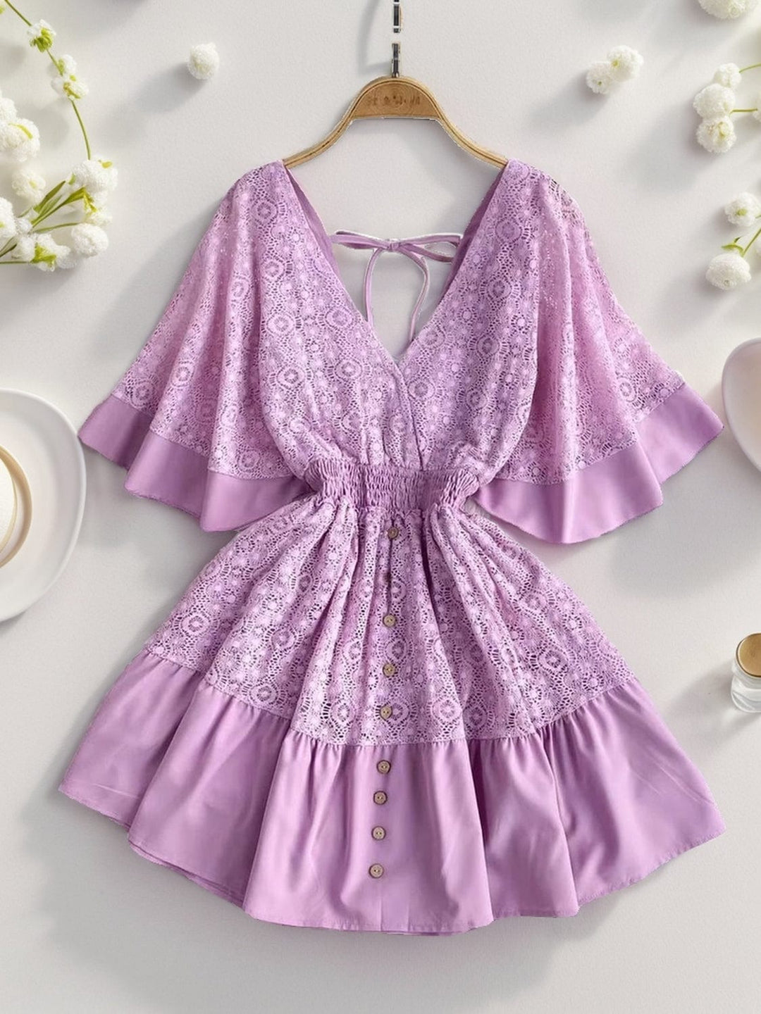 The802Gypsy Dresses Lavender / S GYPSY-Lace Cutout Half Sleeve Mini Dress