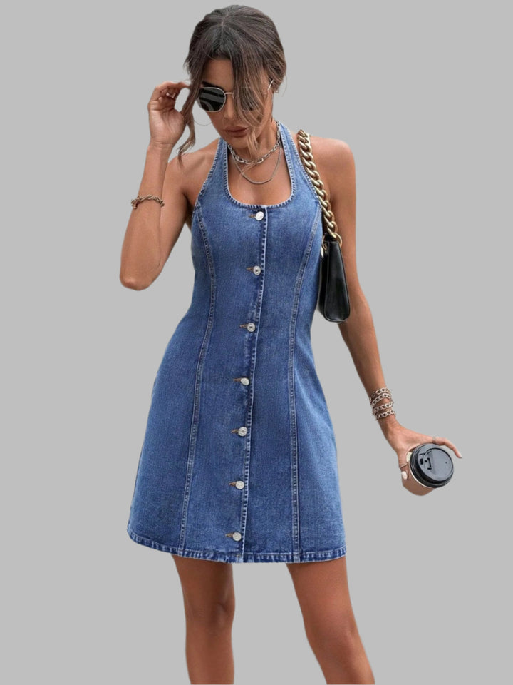 The802Gypsy Dresses Medium Blue / XS GYPSY-Halter Neck Button Down Denim Dress