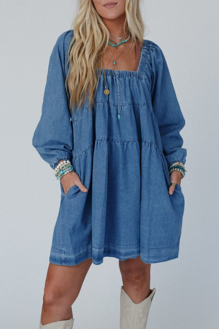 The802Gypsy  Dresses/Mini Dresses Dusk Blue / S TRAVELING GYPSY-Cotton Loose Fit Side Pockets Denim Mini Dress