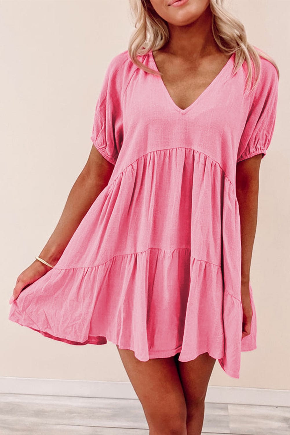 The802Gypsy  Dresses/Mini Dresses Strawberry Pink / S / 80%Viscose+20%Linen TRAVELING GYPSY-V Neck Tiered Swing Dress