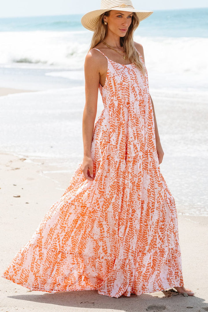 The802Gypsy  Dresses Orange Abstract Print Spaghetti Straps Backless Tiered Maxi Dress