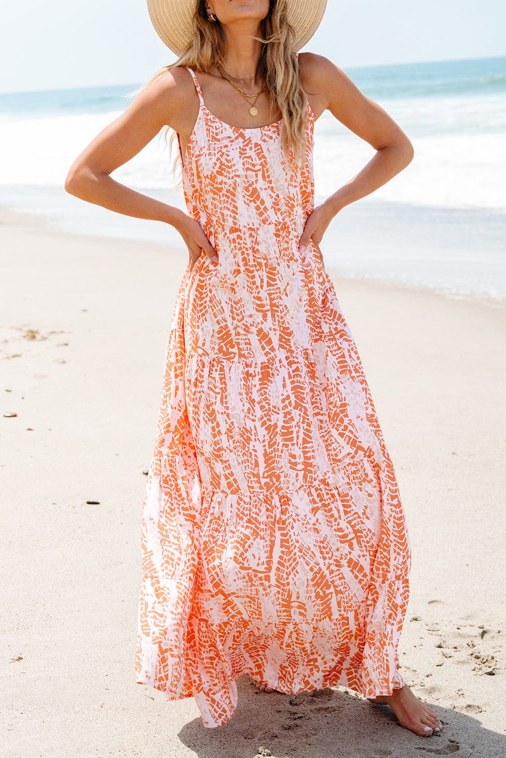 The802Gypsy  Dresses Orange Abstract Print Spaghetti Straps Backless Tiered Maxi Dress