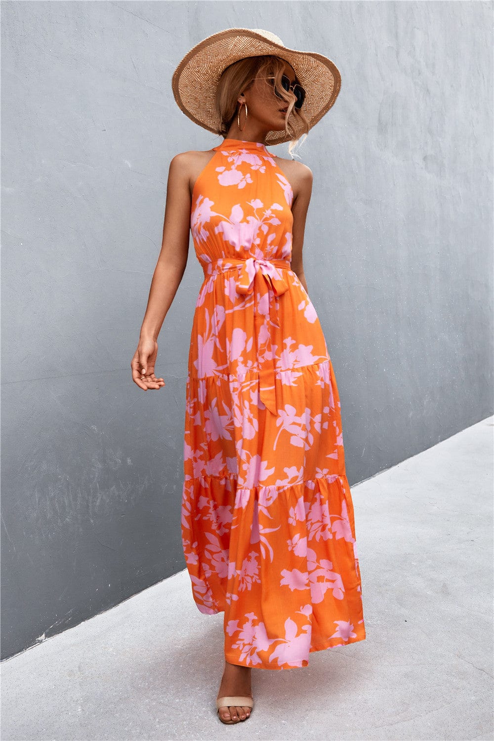 The802Gypsy Dresses Orange/Floral / S GYPSY-Printed Sleeveless Tie Waist Maxi Dress