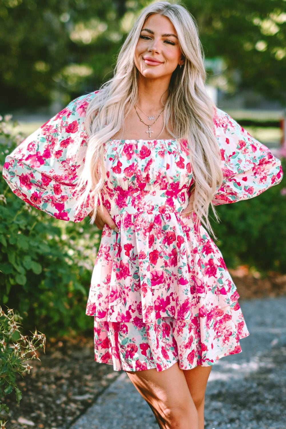 The802Gypsy  Dresses Pink / S / 100%Polyester TRAVELING GYPSY-High Waist Puff Sleeve Floral Dress