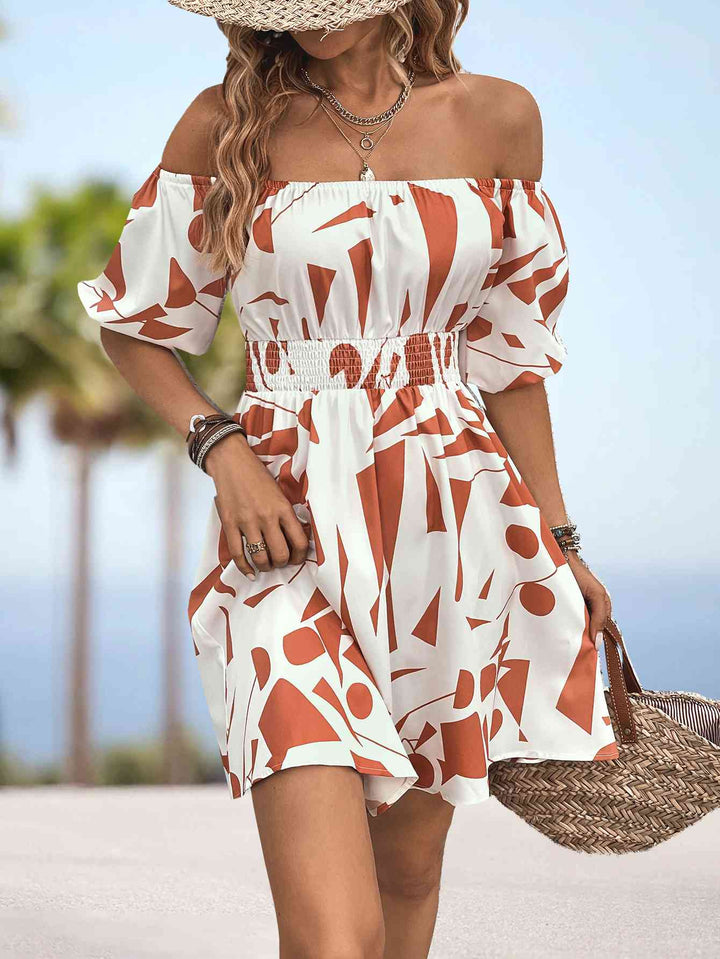 The802Gypsy Dresses Red Orange / S GYPSY-Printed Off-Shoulder Dress