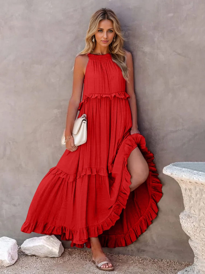 The802Gypsy Dresses Red / S GYPSY-Ruffled Sleeveless Tiered Maxi Dress with Pockets