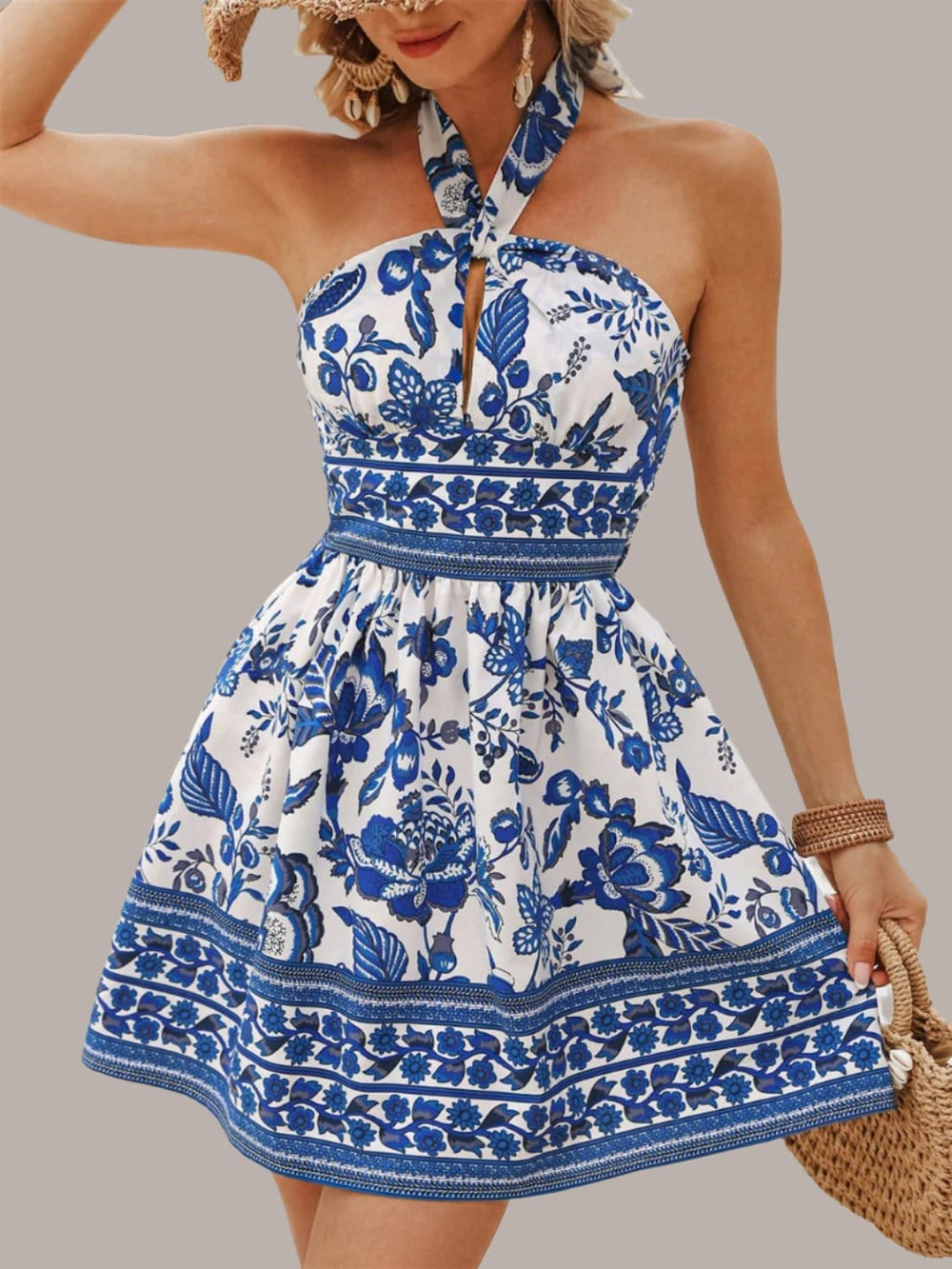 The802Gypsy Dresses Royal Blue / S GYPSY-Cutout Printed Halter Neck Mini Dress