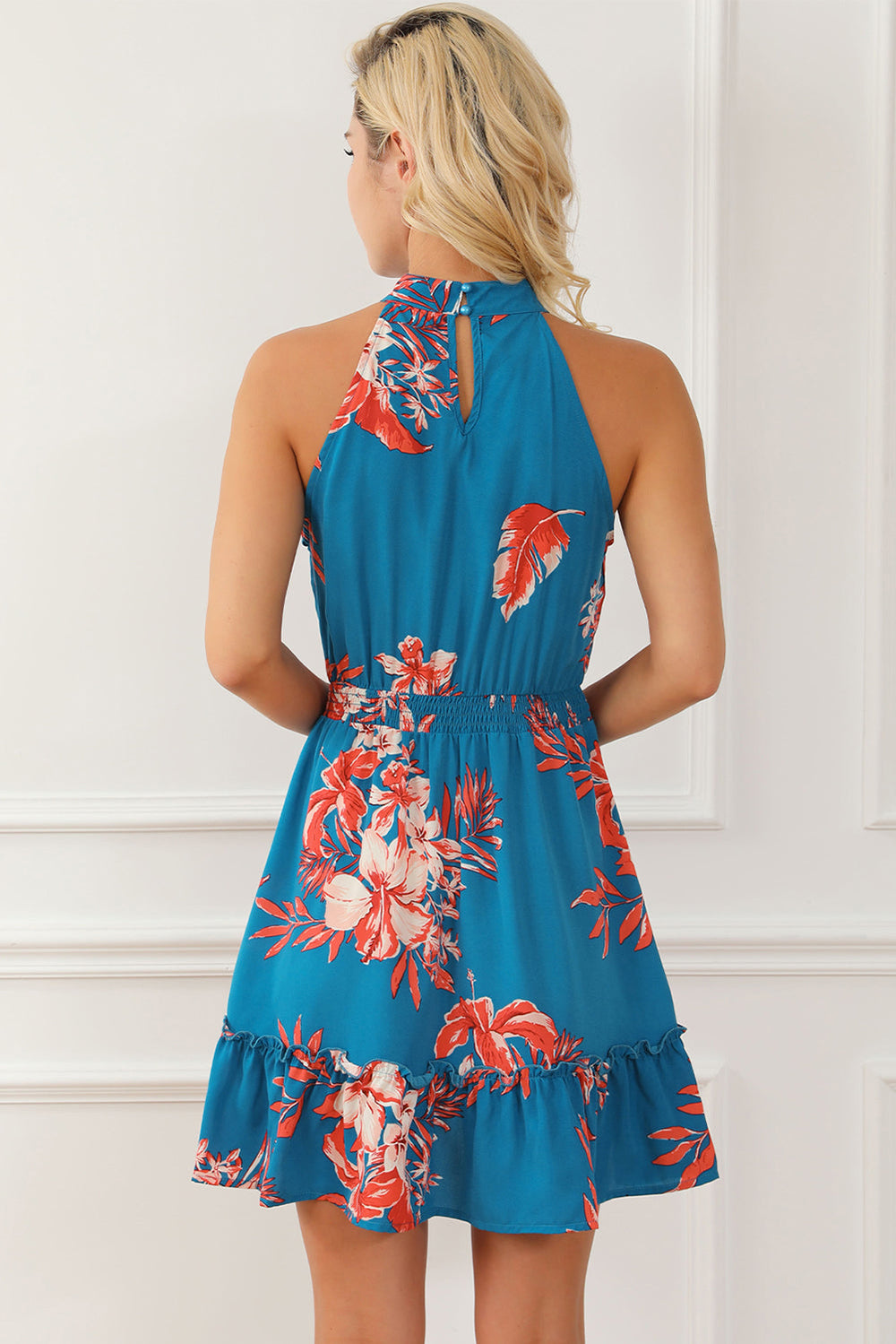 The802Gypsy  Dresses Sky Blue Floral Print Sleeveless Ruffled Mini Dress