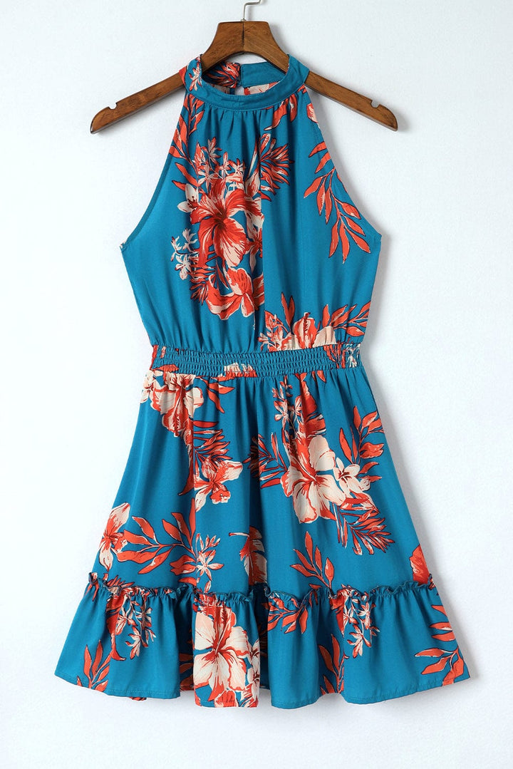 The802Gypsy  Dresses Sky Blue Floral Print Sleeveless Ruffled Mini Dress
